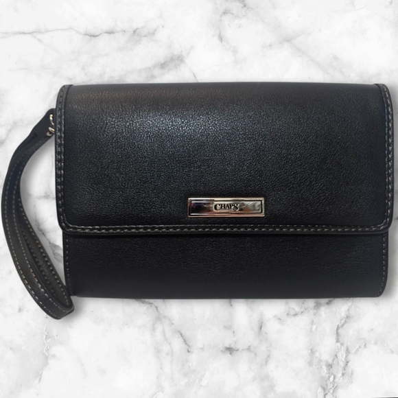 Chaps Faux Leather‎ Black Wristlet With Crossbody Strap Silver Toned Hardware - Picture 1 of 9